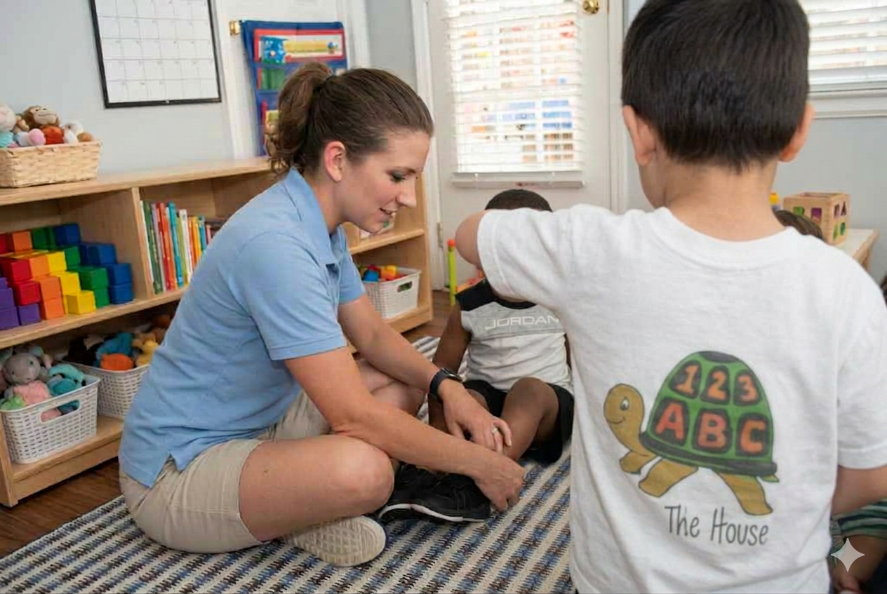 A teacher and children laughing during a group activity
